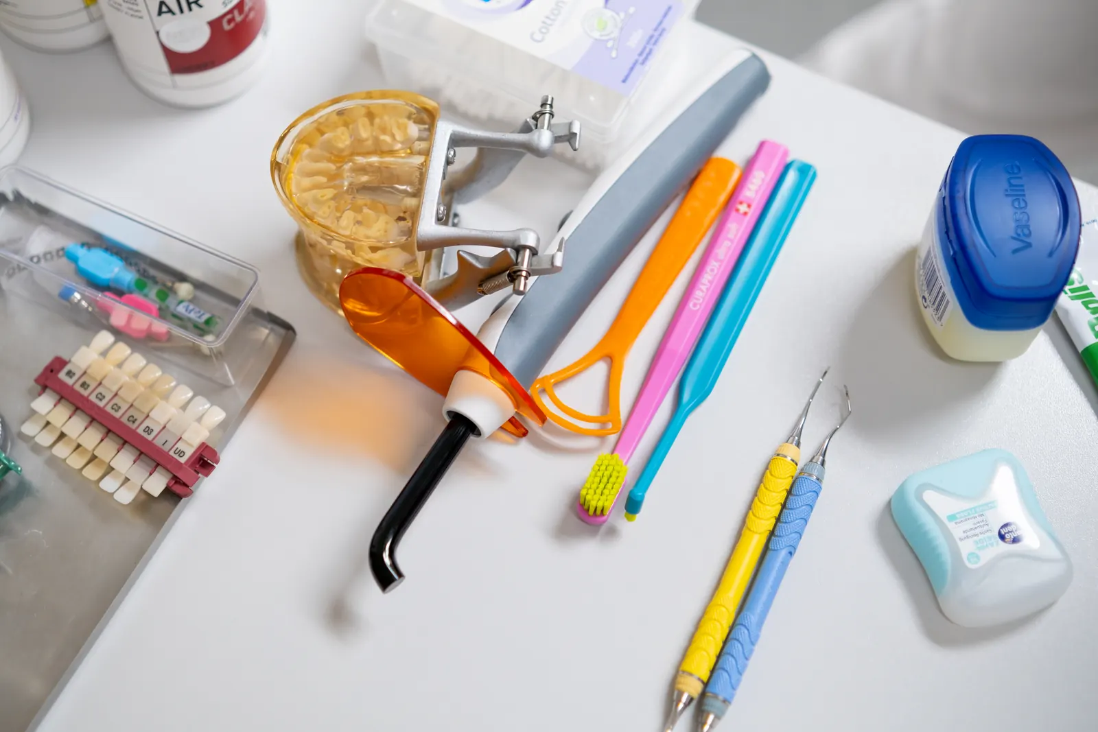 Dental tools, model jaw, brushes, and accessories on a table